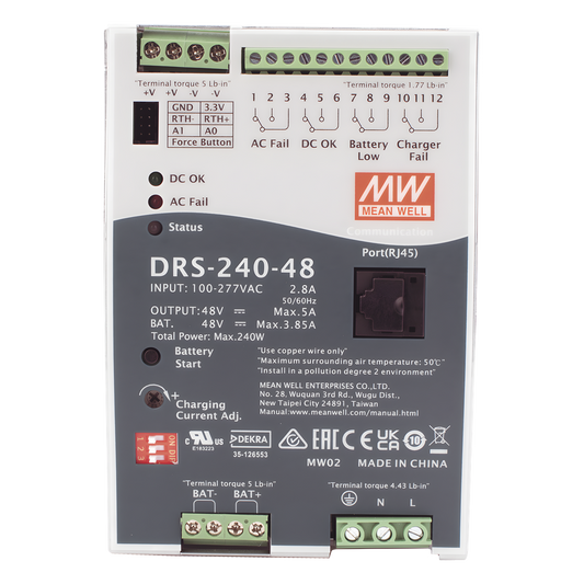 Fuente de Poder Industrial de 240W con Cargador de Baterías, salida 48Vcc, 5A, para montaje Riel Din