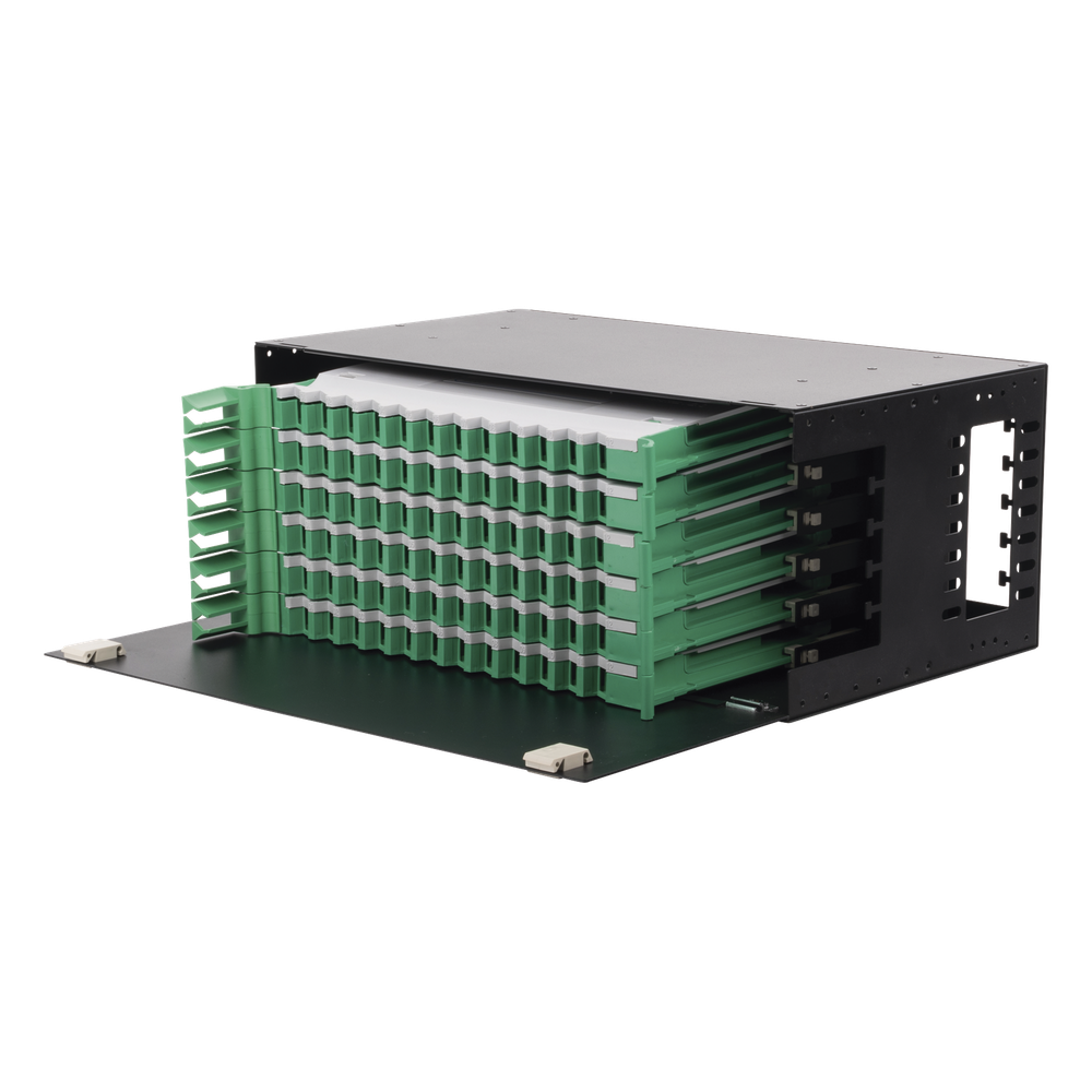 Distribuidor de Fibra Óptica con Bandejas Deslizables, Vacío, 19 Pulgadas, Acepta 72 Adaptadores LC Duplex o LC Simplex o 72 SC Simplex, 4U