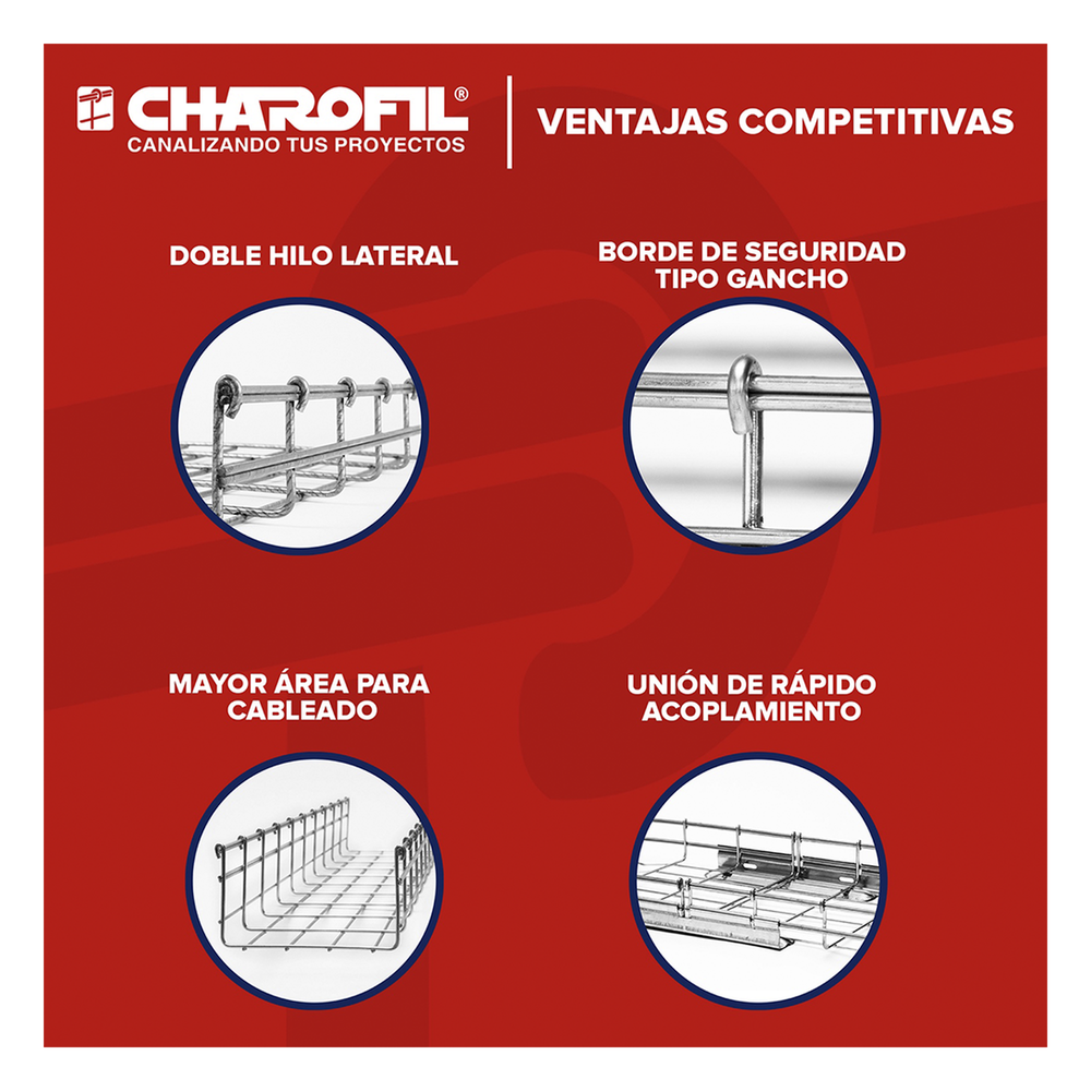 Charola Tipo Malla 54/50 mm, Acabado Electro Zinc, Hasta 43 Cables Cat6, Tramo de 3 Metros