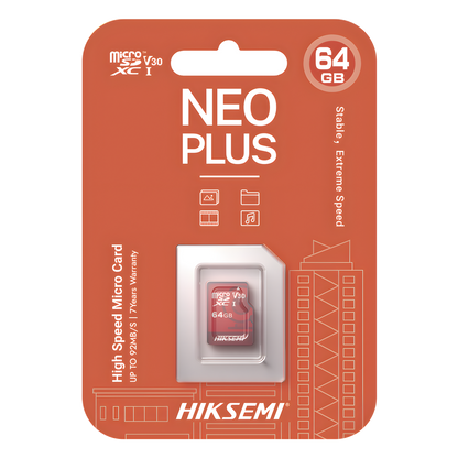 MicroSD HIKSEMI NEO Plus / 64 GB / 95 MB/s Lectura / 40 MB/s Escritura / Clase 10 U3 / TLC NAND / Especializada Para Videovigilancia 24/7