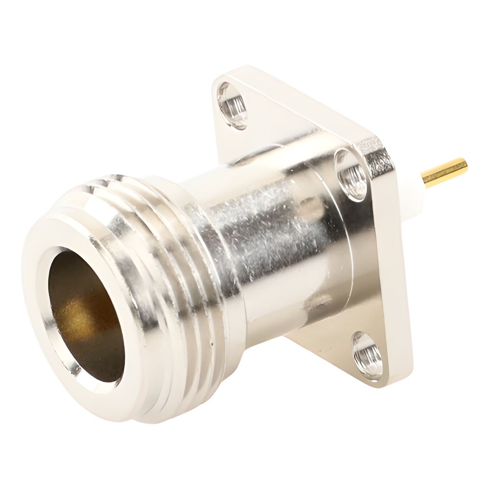 Conector N Hembra de Montaje de Panel con 4 perforaciones a 12.7 mm, soldable