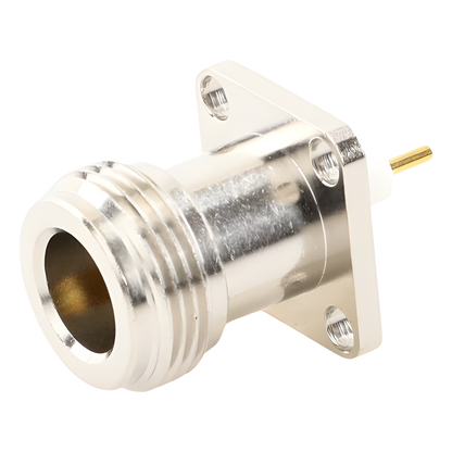 Conector N Hembra de Montaje de Panel con 4 perforaciones a 12.7 mm, soldable