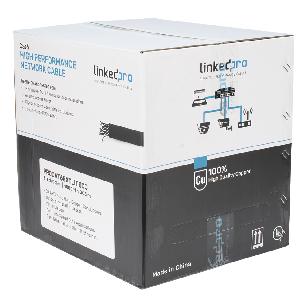 Bobina de Cable UTP 305 Metros (1000 Pies), Cat6 con Doble Forro, para Exterior, Climas Extremos, Color Negro