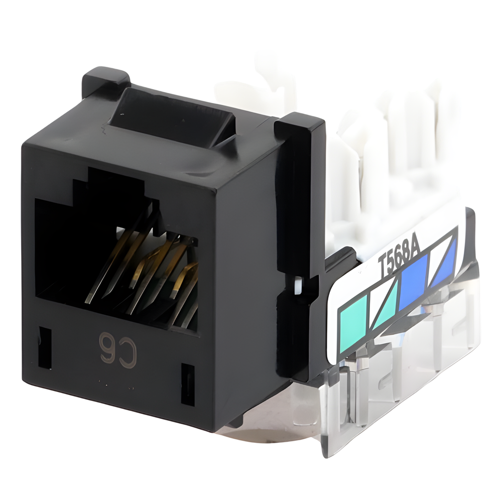 Jack RJ45 categoría 6 de 8 conductores tipo snap-in color negro para el marco de 6 puertos de la línea Claro