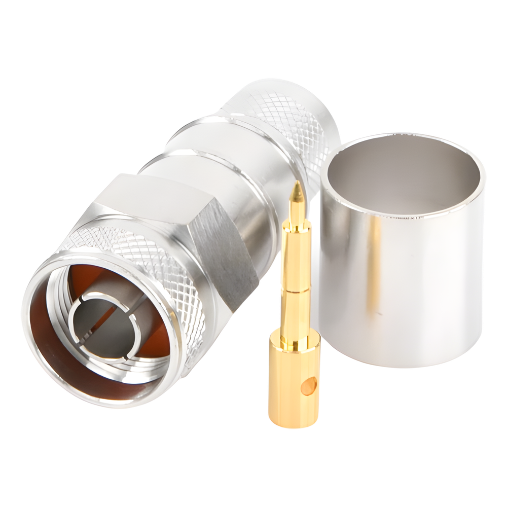 Conector N Macho Hexagonal de Anillo Plegable / Cable LMR-600, CNT-600, LP-600, Belden 7977A / Cuerpo Bronce Plateado / Contacto Oro / Aislante Teflón
