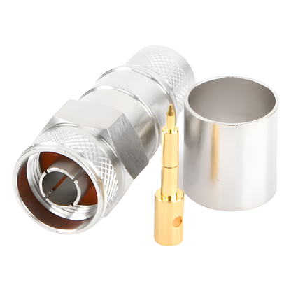 Conector N Macho Hexagonal de Anillo Plegable / Cable LMR-600, CNT-600, LP-600, Belden 7977A / Cuerpo Bronce Plateado / Contacto Oro / Aislante Teflón