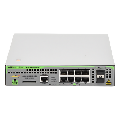 Switch PoE+ Administrable CentreCOM GS970M, Capa 3 de 8 Puertos 10/100/1000 Mbps + 2 SFP Gigabit, 124 W