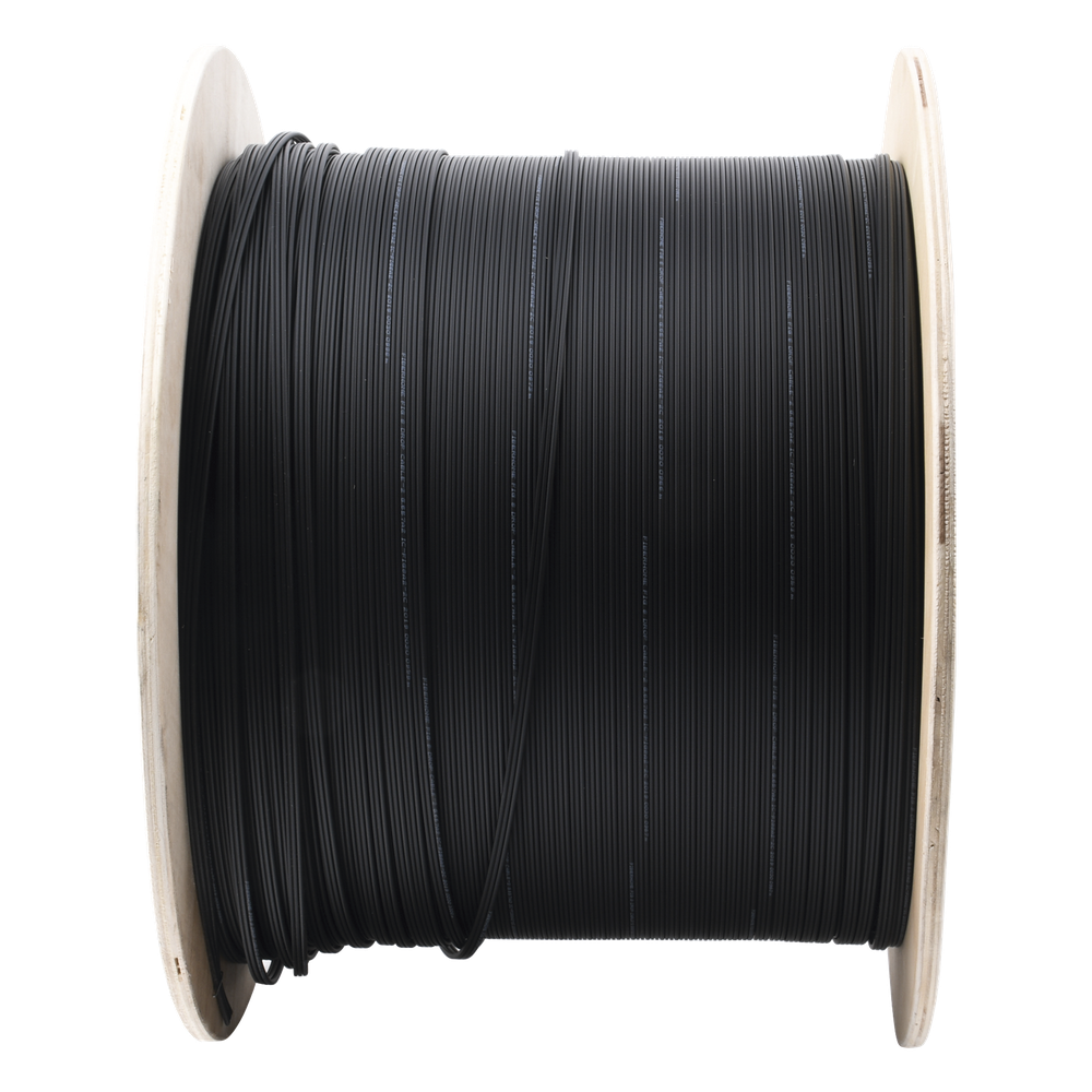 Carrete de 1 km de Fibra Óptica Aérea Mini Figura 8 G.657A2 Tipo Drop, Monomodo de 2 Hilos (Bifibra), Diseñada para Fusionarse, Color Negro, Span 80