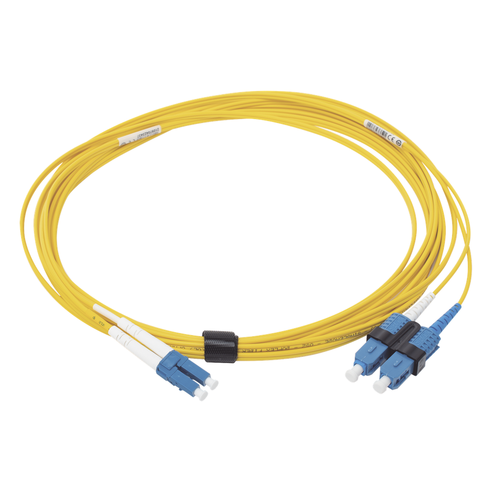 Jumper de Fibra Óptica Monomodo (OS2), XGLO, LC/UPC-SC/UPC Duplex, OFNR, Color Amarillo, 5 Metros (16.40 Pies)