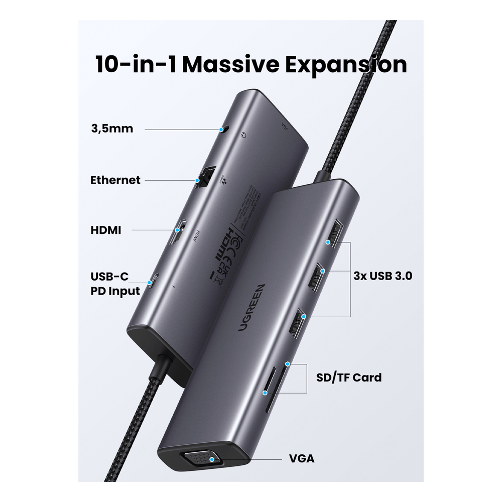 Hub USB-C 10 en 1 / HDMI 4K@30Hz + VGA 1920x1200 / 3x USB 3.0 5Gbps / Ethernet Gigabit / SD/TF Card Reader / PD 100W / Audio 3.5mm / Doble Pantalla