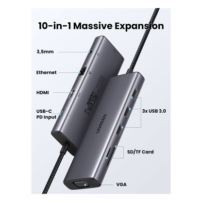 Hub USB-C 10 en 1 / HDMI 4K@30Hz + VGA 1920x1200 / 3x USB 3.0 5Gbps / Ethernet Gigabit / SD/TF Card Reader / PD 100W / Audio 3.5mm / Doble Pantalla