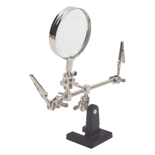 Soporte con lupa y dos brazos con clip. Ideal para trabajos de soldadura.