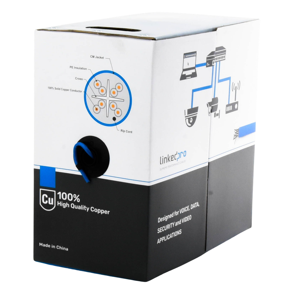 Bobina de Cable de 305 Metros (1000 Pies) Cat6+, CM, Calibre 23 Alto Rendimiento, ETL, UL, Color Azul, Super Flexible, para Aplicaciones de Video