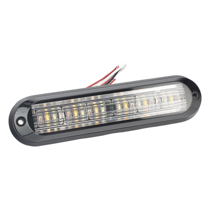 Luz Auxiliar, Ultra Brillante, IP67, 18 LEDs, Tricolor, Color Rojo/Claro/Ambar, con mica transparente y bisel negro