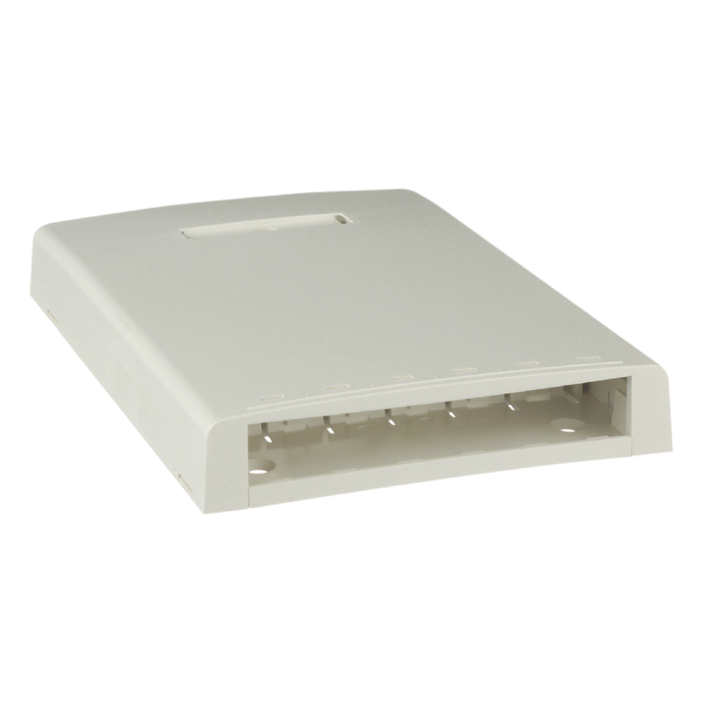 Caja de Montaje en Superficie, con Accesorio para Resguardo de Fibra Óptica, para 6 Módulos Mini-Com, Color Blanco Mate