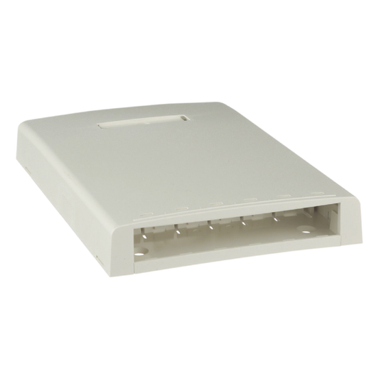 Caja de Montaje en Superficie, con Accesorio para Resguardo de Fibra Óptica, para 6 Módulos Mini-Com, Color Blanco Mate
