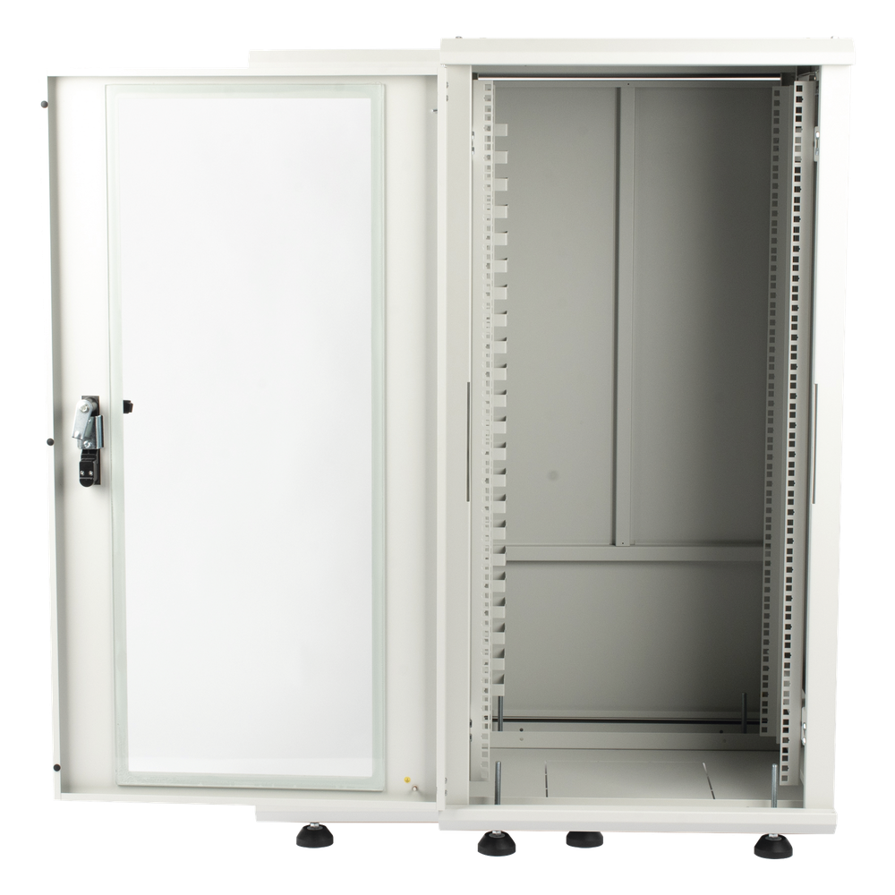 Gabinete Rack 24 Unidades / 19 Pulgadas / Puerta de Cristal / Piso / Acero Calibres 16-18-20 / 750 Kg Carga / 600x605x1190 mm (23.6x23.8x46.9 in)
