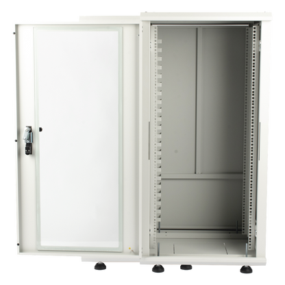 Gabinete Rack 24 Unidades / 19 Pulgadas / Puerta de Cristal / Piso / Acero Calibres 16-18-20 / 750 Kg Carga / 600x605x1190 mm (23.6x23.8x46.9 in)