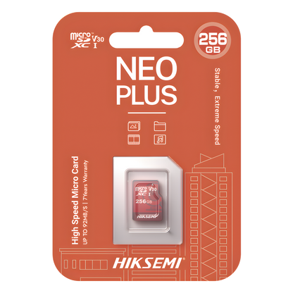 MicroSD HIKSEMI NEO Plus / 256 GB / 95 MB/s Lectura / 55 MB/s Escritura / Clase 10 U3 / TLC NAND / Especializada Para Videovigilancia 24/7