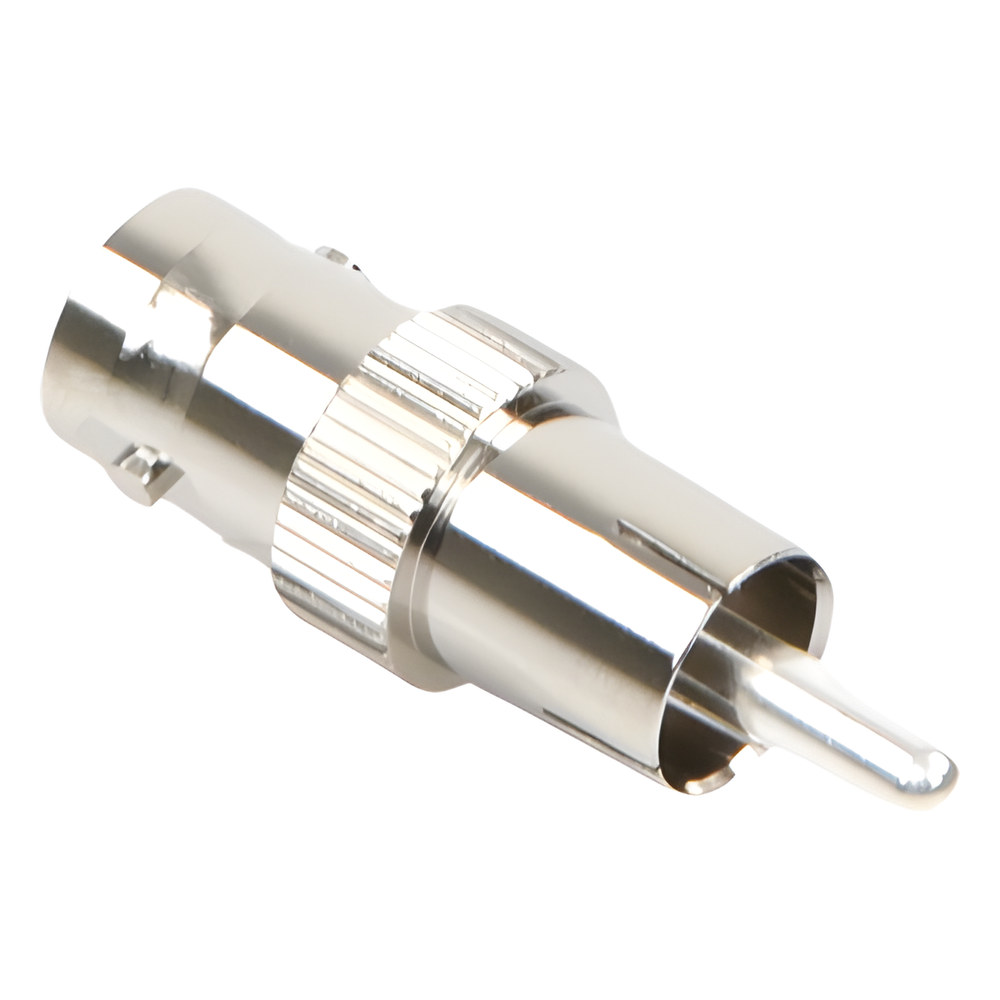 Adaptador de BNC Hembra a RCA Macho en 50 Ohm para Fono, uso en Aplicaciones de Audio-Video, Níquel/ Plata/ Delrin