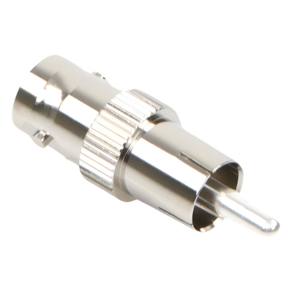 Adaptador de BNC Hembra a RCA Macho en 50 Ohm para Fono, uso en Aplicaciones de Audio-Video, Níquel/ Plata/ Delrin