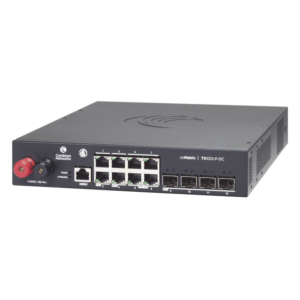 Switch cnMatrix WISP TX1012-DC-P de 8 puertos PoE y 4 SFP+, 170 W PoE Budget, Capa 2, gestión cnMaestro On-Premises, para corriente directa