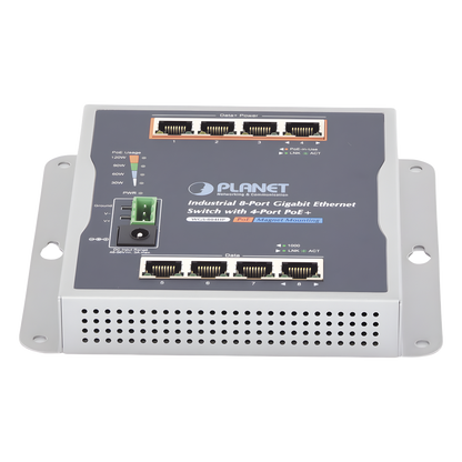 Switch Industrial No Administrable, Múltiple Montaje (Pared, Riel DIN y Magnético), 8 Puertos Gigabit con 4 puertos PoE 802.3at, Hasta 120 W.