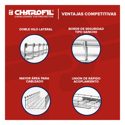 Charola Tipo Malla Línea MallaFils® 300x54 mm para hasta 232 Cables Cat6 / Uso Interior con Acabado EZ / Tramo 3 m