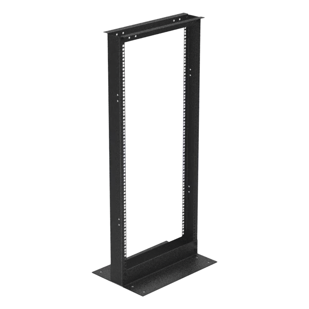Rack de 2 Postes (Doble Perforación), Estándar 19", 24 Unidades, Fabricado en Acero, Base "L" para Anclar a Piso