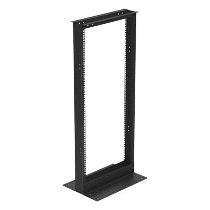Rack de 2 Postes (Doble Perforación), Estándar 19", 24 Unidades, Fabricado en Acero, Base "L" para Anclar a Piso