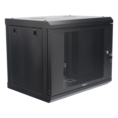 Gabinete de Pared de 9U con Puerta Perforada, 455 mm de Profundidad, Rack de 19'', Acero Reforzado Color Negro.
