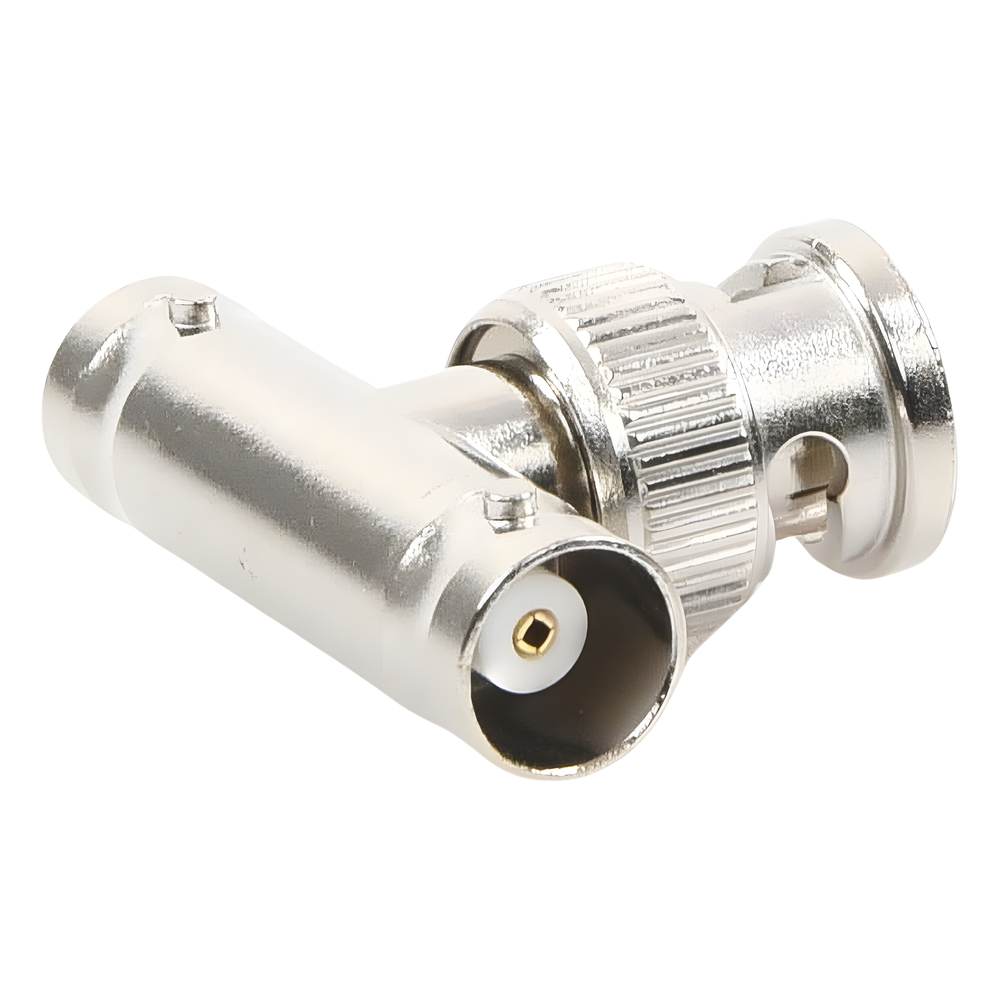 Adaptador en T para 50 Ohm de BNC Macho a Doble BNC Hembra, Troquelado, Níquel/ Oro/ Delrin
