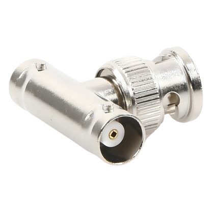 Adaptador en T para 50 Ohm de BNC Macho a Doble BNC Hembra, Troquelado, Níquel/ Oro/ Delrin