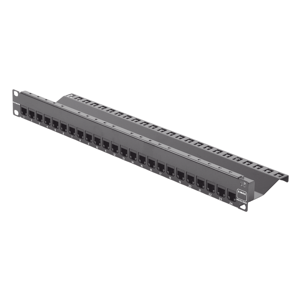 Patch Panel Z-Max de 24 Puertos, Blindado, Precargado con Jacks Categoría 6A, Plano, 1UR