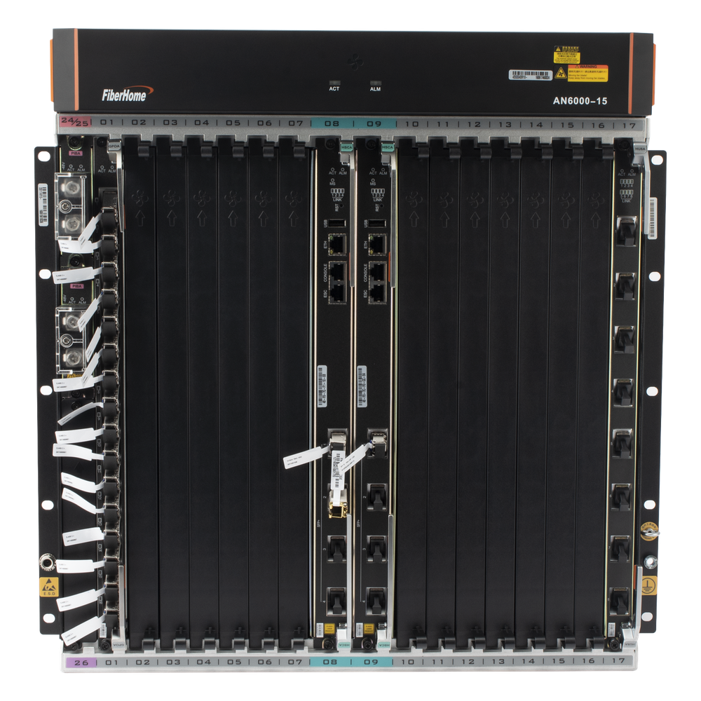 OLT Carrier Class Modular GPON, 14 Ranuras de Servicio, Incluye 1 Tarjeta de Servicio, Doble fuente -48Vcc, 11 UR, Gestión por UNM2000, CLI, Incluye