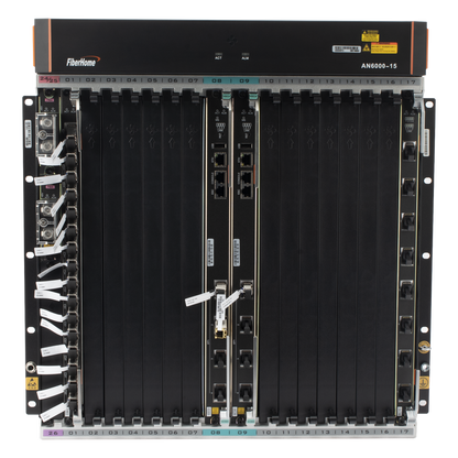OLT Carrier Class Modular GPON, 14 Ranuras de Servicio, Incluye 1 Tarjeta de Servicio, Doble fuente -48Vcc, 11 UR, Gestión por UNM2000, CLI, Incluye