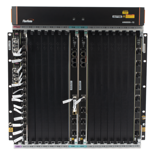 OLT Carrier Class Modular GPON, 14 Ranuras de Servicio, Incluye 1 Tarjeta de Servicio, Doble fuente -48Vcc, 11 UR, Gestión por UNM2000, CLI, Incluye