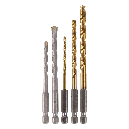 Juego de 5 Brocas con Inserción Hexagonal de 1/4". De concreto: 3/16" y 1/4". Para metal: 1/8", 3/16" y 1/4".