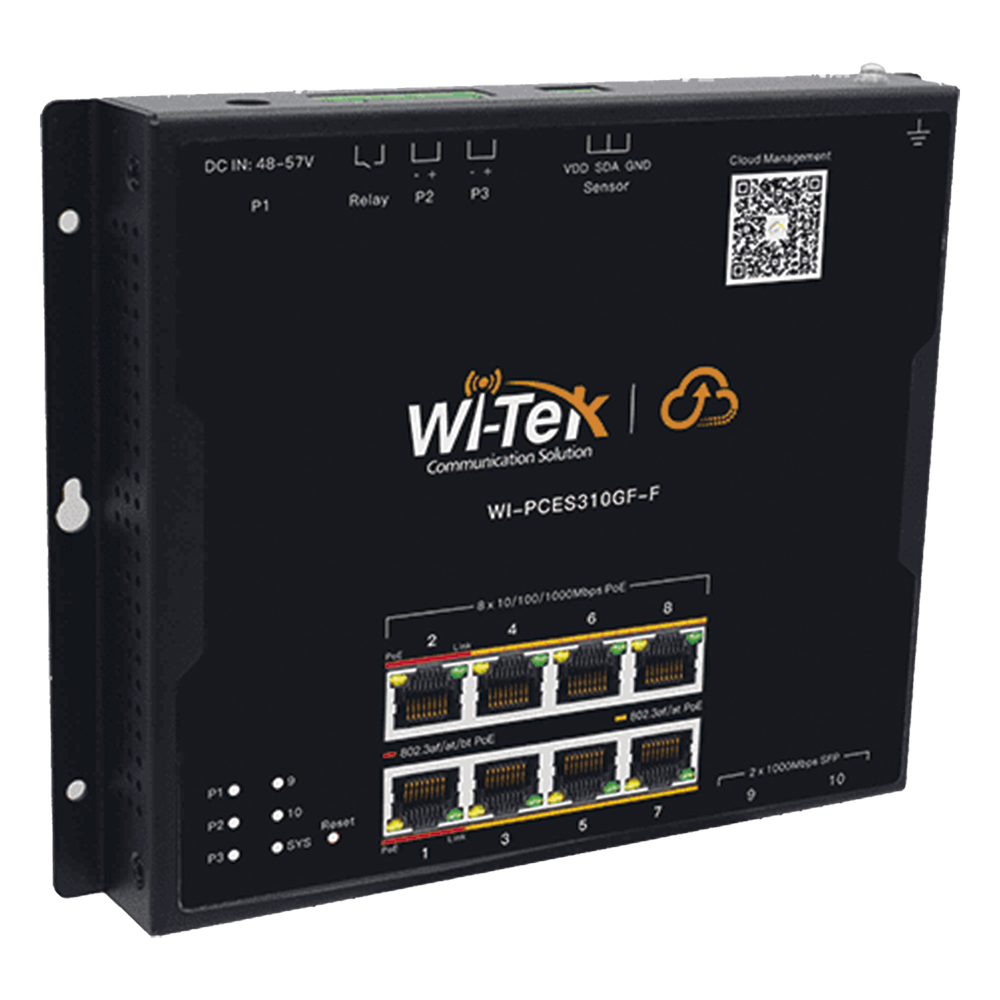 Switch L2 PoE Industrial / Administración Cloud Gratuita / 8 Puertos PoE af/at/bt 10/100/1000 Mbps / 2 Puertos SFP Gigabit / Máx Presupuesto PoE 145