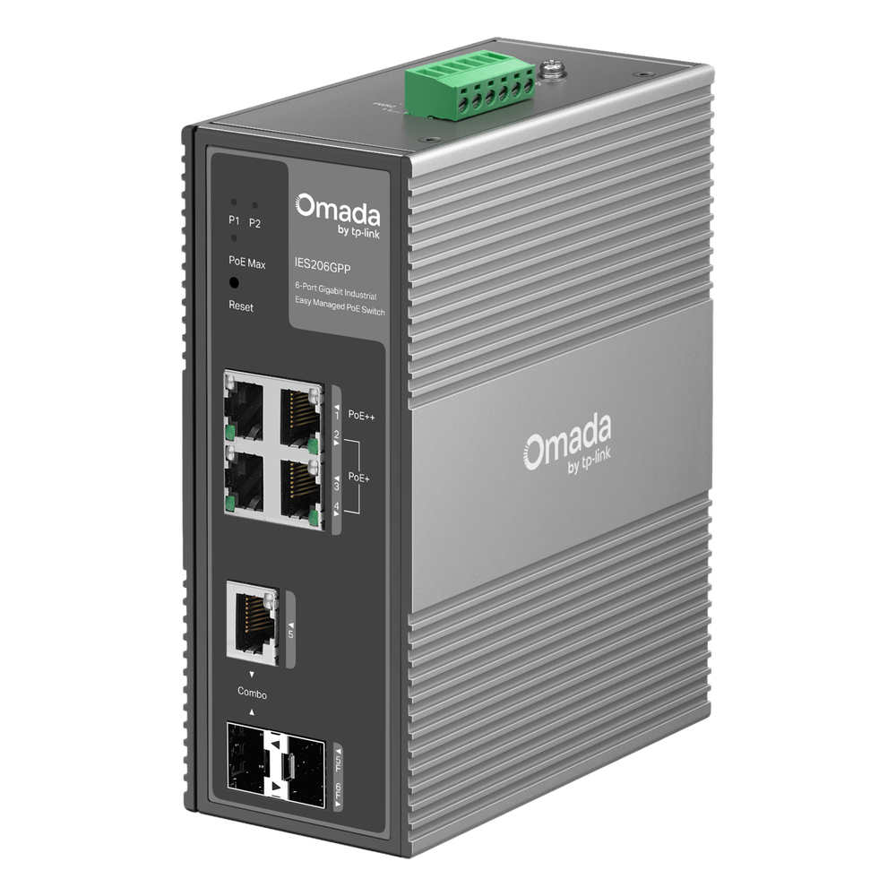 Switch Industrial Easy Managed / 6 Puertos Gigabit (4 PoE) / 120W PoE Budget / IP40 / -40°C a 75°C / 6kV Protección Rayos / Cloud Management Omada