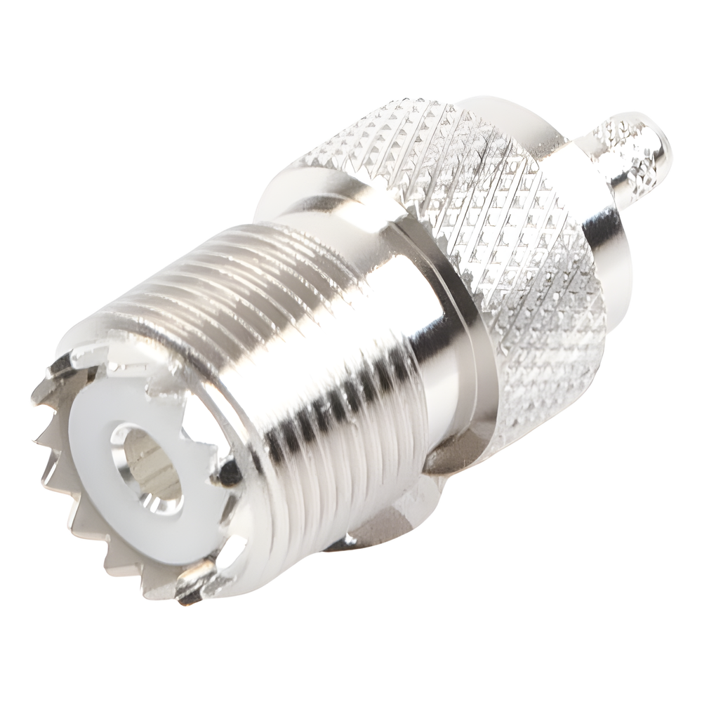 Conector UHF Hembra (SO-239) en Línea, de Anillo Plegable para Cable RG-58/U, RG-142/U, Níquel/ Plata/ Delrin