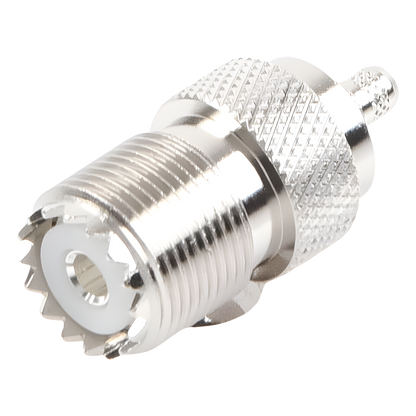 Conector UHF Hembra (SO-239) en Línea, de Anillo Plegable para Cable RG-58/U, RG-142/U, Níquel/ Plata/ Delrin
