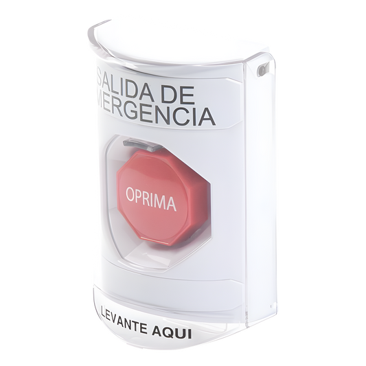 Botón de Emergencia, Texto en Español, Tapa Protectora de Policarbonato Súper Resistente, Restablecimiento con Llave
