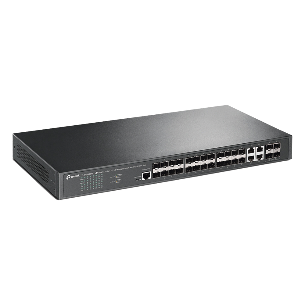 Switch de Fibra Óptica L2+ Omada / 24 puertos SFP 1GE / 4 Puertos Combinados SFP+/RJ45 Gigabit / 2 Puertos Consola RJ45|micro-SUB / Administración