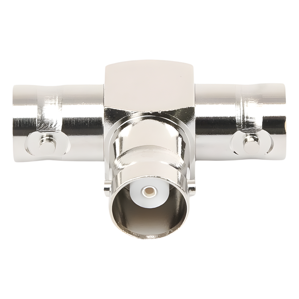 Adaptador Triple en T para 50 Ohm de BNC Hembra a Doble BNC Hembras, Níquel/ Plata/ Teflón