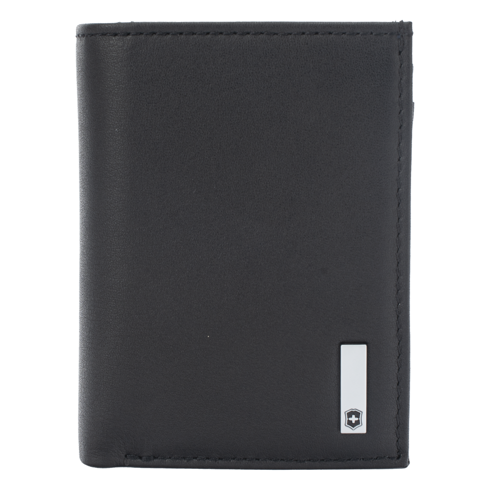 Cartera Athens Negra de Piel con Compartimento de Micromalla para ID. Doblable en 3 Partes con Divisor de Billetes. Pocket Wallet