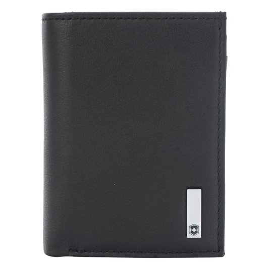 Cartera Athens Negra de Piel con Compartimento de Micromalla para ID. Doblable en 3 Partes con Divisor de Billetes. Pocket Wallet