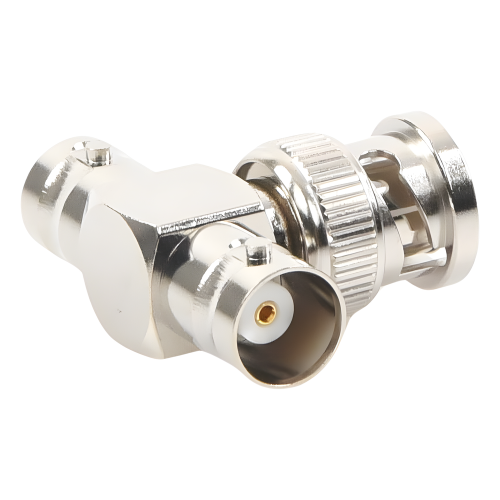 Adaptador en T para 50 Ohm de BNC Macho a Doble BNC Hembra, Maquinado, Níquel/ Oro/ Teflón
