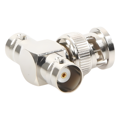 Adaptador en T para 50 Ohm de BNC Macho a Doble BNC Hembra, Maquinado, Níquel/ Oro/ Teflón