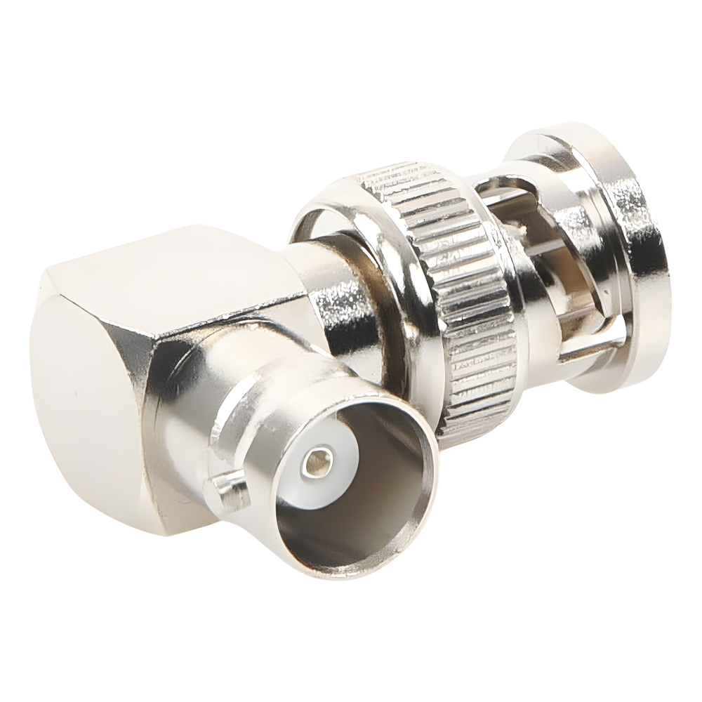 Adaptador RF en Ángulo Recto / Conector BNC Macho a BNC Hembra / 50 Ohm / Cuerpo Bronce Níquel / Contacto Plata / Aislante Teflón